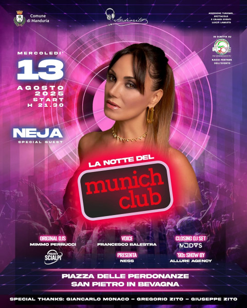 "La Notte del Munich Club", mercoledì 13 agosto a San Pietro in Bevagna: tra gli ospiti NEJA, la regina della dance italiana 90