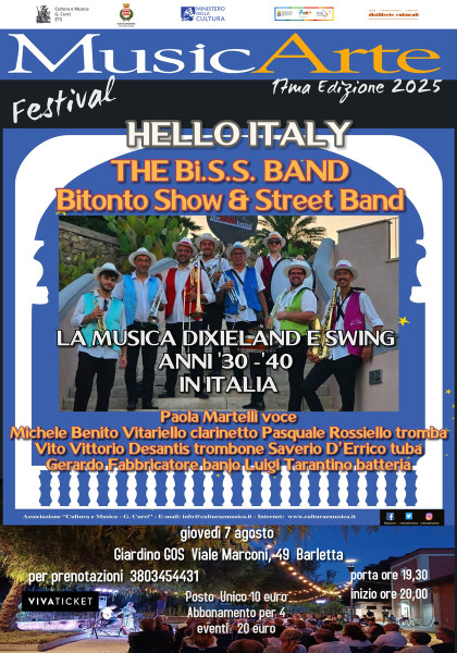The BI.S.S. Band e Paola Martelli in:  HELLO ITALY  La Musica Dixieland Anni ’30 e ’40 in Italia per il Festival MusicArte 2025 a Barletta