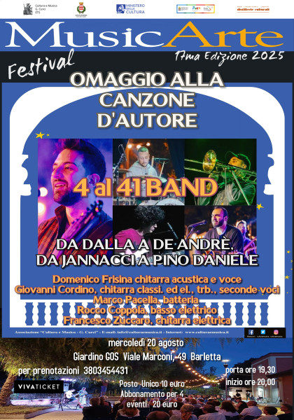 4 AL 41 BAND "Omaggio alla Canzone d’Autore: da Dalla a De André, da Jannacci a Pino Daniele" live concert al Giardino Gos di Barletta