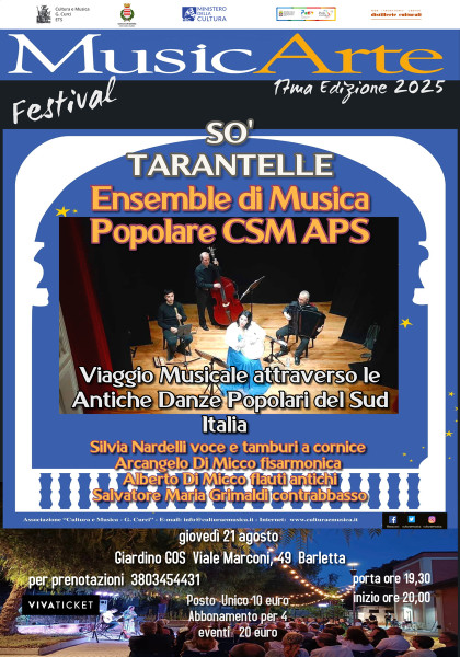 CSM APS ENSEMBLE DI MUSICA POPOLARE con So’ Tarantelle  Viaggio Musicale attraverso le Antiche Danze popolari del Sud