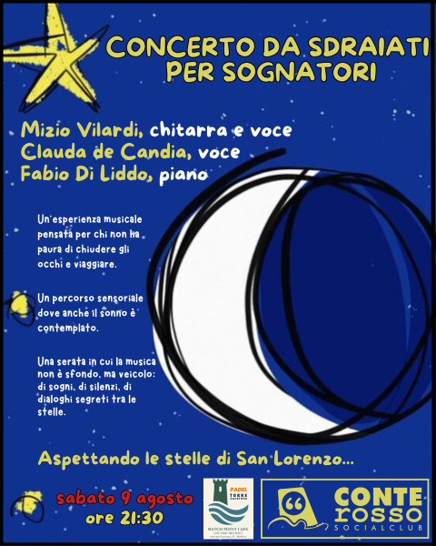 Aspettando la notte di San Lorenzo con "Concerto da sdraiati per Sognatori" del cantautore Mizio Vilardi con la voce di Claudia de Candia e Fabio Di Liddo al piano