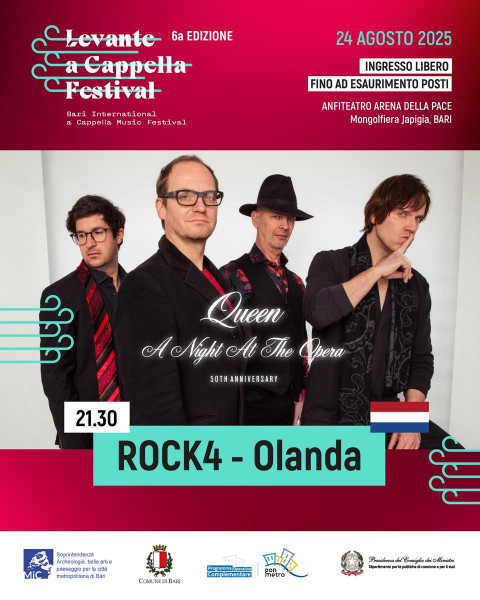 Rock4 dai Paesi Bassi a Bari per il Levante A Cappella Festival. Un concerto a cappella da brivido  50 anni di A Night at the Opera dei Queen