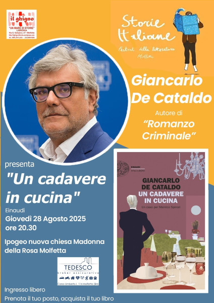 Giancarlo De Cataldo per Storie Italiane Festival Prima regionale Giovedì 28 Agosto 2025 ore 20,30 Ipogeo Madonna della Rosa Molfetta