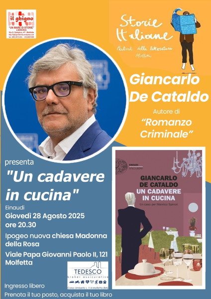 Giancarlo De Cataldo per Storie Italiane Festival Prima regionale Giovedì 28 Agosto 2025 ore 20,30 Ipogeo Madonna della Rosa Molfetta