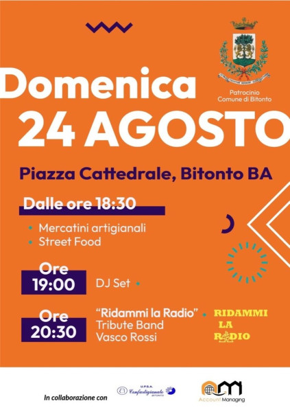 Bitonto si accende il 24 agosto: musica, mercatini e street food in Piazza Cattedrale