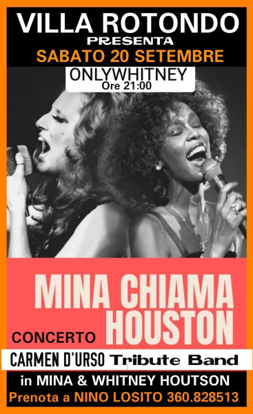 Sabato 20 settembre 2025  ore 21:00 si riparte con la Rassegna: " COVER DI STELLE " con CARMEN D'URSO e la sua  Tribute Band di MINA & Whytney Houston!   A seguire si balla con il D.J. Set di Pasquale Dioguardi   - DISCOTECA Villa ROTONDO Bari.