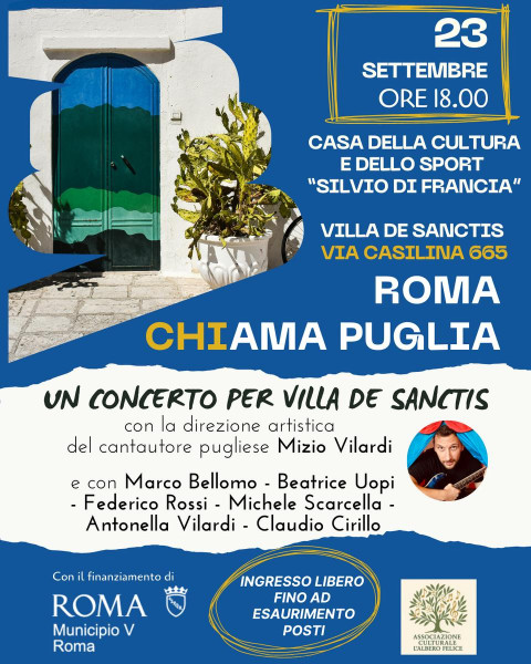 ROMA chiAMA PUGLIA, Un concerto per Villa De Sanctis con il cantautore pugliese Mizio Vilardi