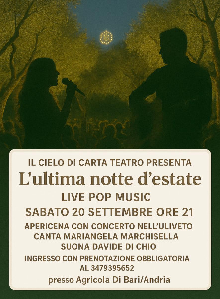 Apericena tra gli ulivi con concerto: l'ultima notte d'estate