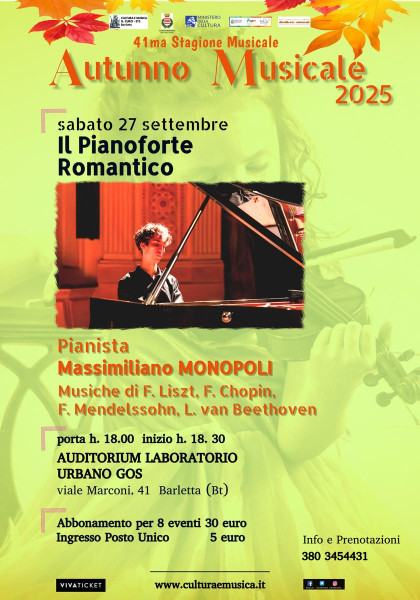 Il pianoforte romantico, tra virtuosismo e innovazione: Massimiliano Monopoli inaugura la 41ª stagione della rassegna Autunno Musicale a cura di Cultura e Musica G. Curci  ETS