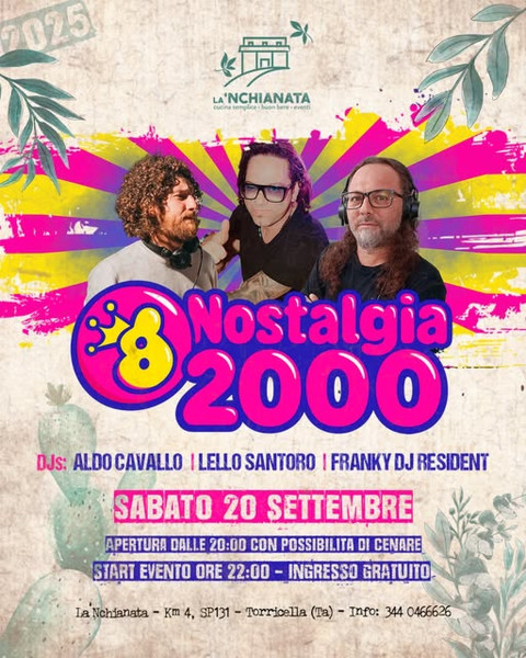 A grande richiesta l’ultima festa: NOSTALGIA 2000 con Aldo Cavallo, Lello Santoro e Franky Dj Resident, sabato 20 settembre a La’nchianata