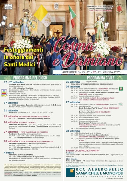 Alberobello si prepara a celebrare i SS Medici Cosma e Damiano  Dal 25 al 28 settembre 2025, una quattro giorni all’insegna della spiritualità, della tradizione e dello spettacolo nel cuore della Città dei Trulli