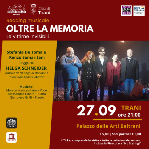 OLTRE LA MEMORIA  Le Vittime Invisibili, reading civile con Renzo Samaritani Schneider e Stefania De Toma a Palazzo delle Arti Beltrani