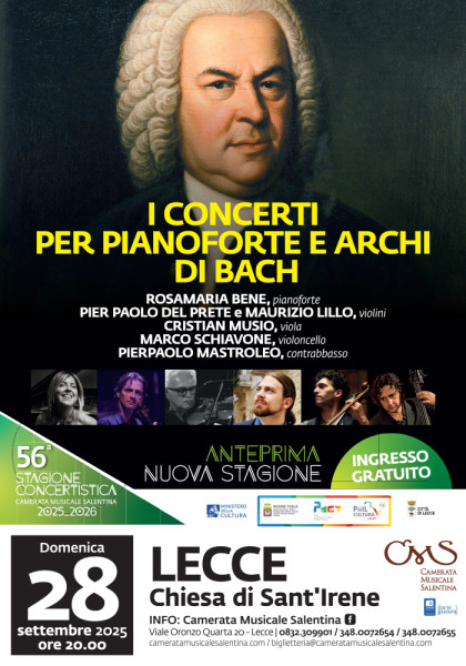 Domenica 28 Settembre anteprima a ingresso gratuito della 56a Stagione Concertistica: "I Concerti per pianoforte e archi di J. S. Bach" @ Chiesa di S. Irene, Lecce