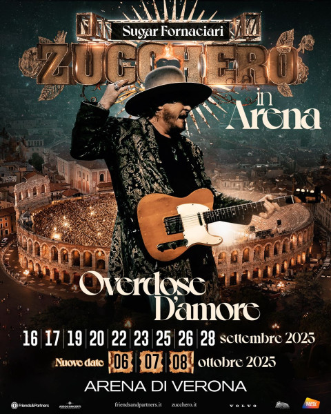 Zucchero "Sugar" Fornaciari: a Grande Richiesta si Aggiungono 3 Nuove Date (6  7 e 8 Ottobre) per il Grande Ritorno live All'arena di Verona, Attesi 130.000 Spettatori per i 12 Show Nell'anfiteatro