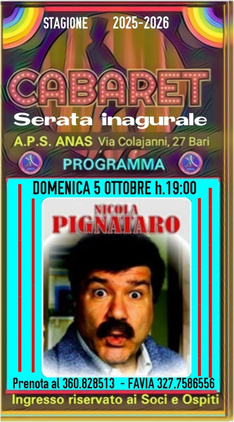 2° Edizione della Rassegna di Cabaret: " RIDERE FA BUON SANGUE" Domenica 5 Ottobre h.19.00 inaugurazione con il mitico NICOLA PIGNATARO.