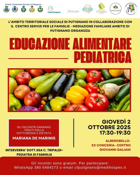Alberobello al centro dell’educazione alimentare pediatrica:  un incontro dedicato a famiglie e bambini