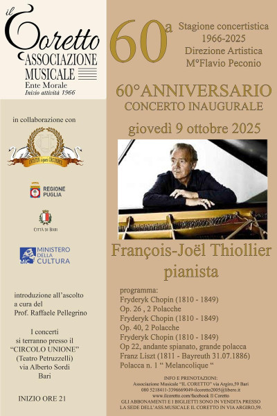 Il Coretto inaugura la 60ª Stagione Concertistica  con FRANÇOIS-JOËL THIOLLIER