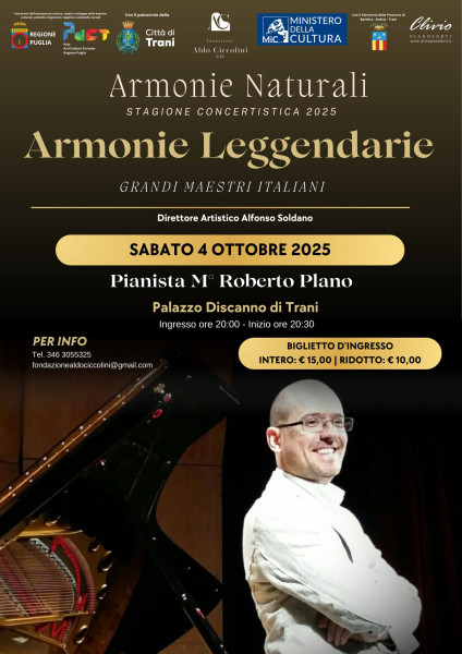 ROBERTO PLANO, eccellenza del pianismo internazionale, a Palazzo Discanno a Trani per la rassegna Armonie Leggendarie della Fondazione Aldo Ciccolini ETS