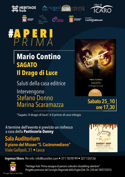 Nuova uscita editoriale per I Libri di Icaro: SAGATO  Il Drago di Luce di Mario Contino.  Presentazione ufficiale  25 ottobre ore 17:30