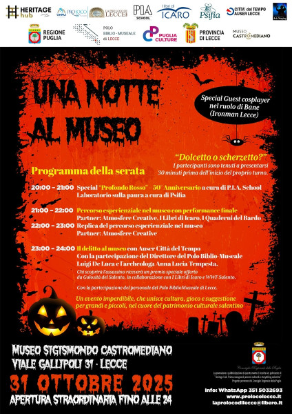 Una Notte al Museo  Evento SOLD OUT al Museo Sigismondo Castromediano di Lecce. Venerdì 31 ottobre 2025 | Apertura straordinaria fino alle ore 24:00