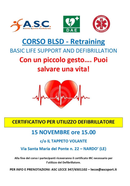 SALVA UNA VITA CON A.S.C. Attività Sportive Confederate CORSO BLSD  RETRAINING