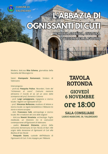 Tavola rotonda: L’Abbazia di Ognissanti di Cuti. Memoria storica, cultura e visioni per il futuro