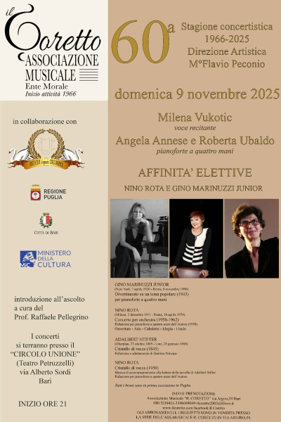 AFFINITÀ    ELETTIVE    CONCERTO   RECITAL  CON     MILENA VUKOTIC    -                       ANGELA ANNESE E ROBERTA UBALDO  pianoforte a quattro mani