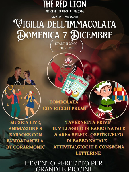 Vigilia dell’Immacolata al Red Lion per grandi e piccini: tombolata, karaoke, villaggio di Babbo Natale, baby animazione