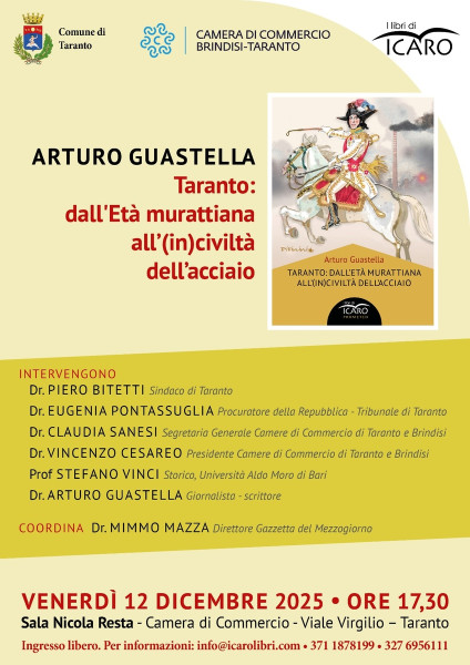 Dall’Età murattiana all’(in)civiltà dell’acciaio: Guastella presenta il suo nuovo libro alla Camera di Commercio di Taranto.