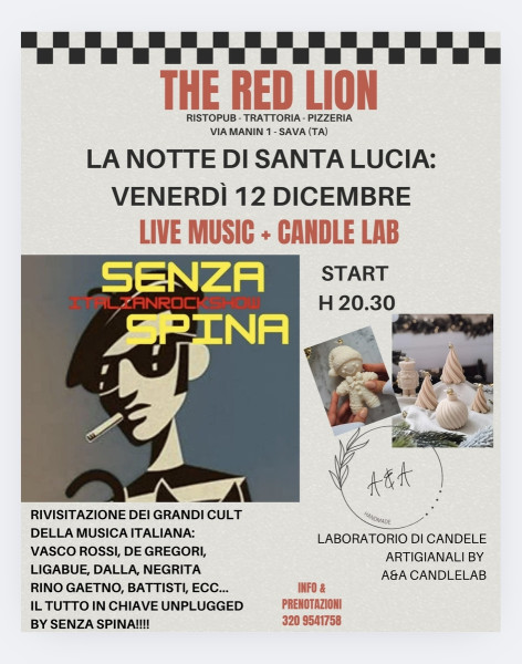 Venerdí 12 Dicembre: Notte di Santa Lucia al Red Lion: live music e laboratorio di candele
