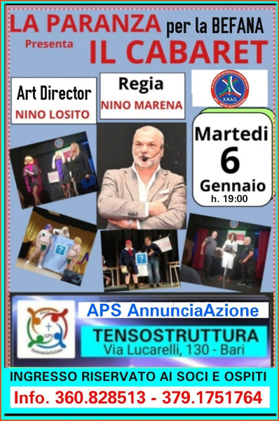 La BEFANA festeggiala con noi con le tante risate che vi farà fare la Compagnia comica Teatrale del Cabaret: - - - - - - "LA PARANZA" - MARTEDÌ 6 GENNAIO 2026 - h. 19:00 alla TENSOSTRUTTURA della Parrocchia Annunciazione