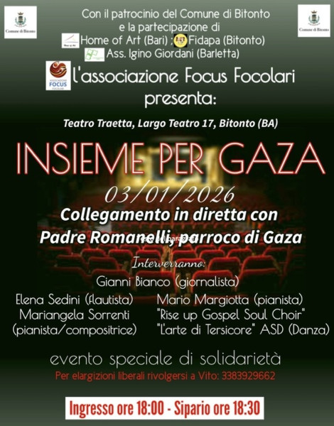 "Insieme per Gaza": spettacolo gratuito di musica e solidarietà al Teatro Traetta