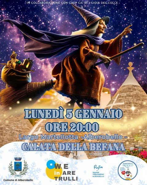 La Befana vola su Alberobello: il 5 gennaio 2026 torna la magia della Calata in Largo Martellotta