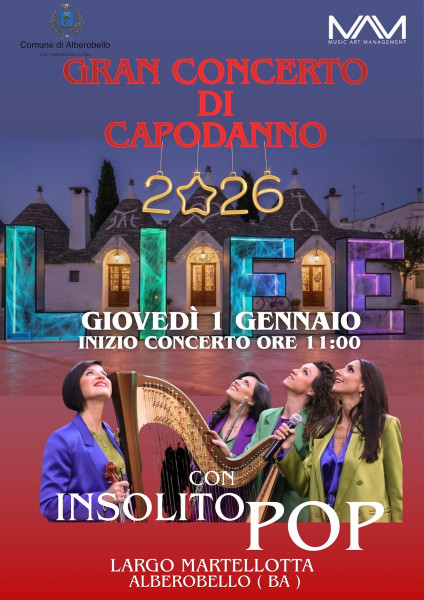 Alberobello accoglie il 2026 con la musica: nasce il primo Concerto di Capodanno Concerto Insolito, quando l’eleganza della classica incontra il cuore del pop