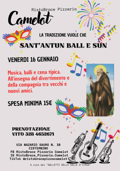 SANT'ANTUN BALL E SUN - Pizzica e musica popolare alla festa di Sant'Antonio Abate e inizio del Carnevale da "Camelot" di Vito Zizzi