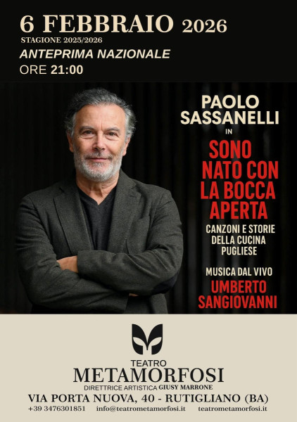 Sono nato con la bocca aperta Paolo Sassanelli in anteprima nazionale al Teatro  Metamorfosi di Rutigliano