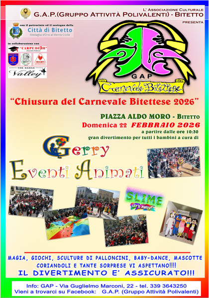 Chiusura Carnevale Bitettese GAP 2026 per i Bambini