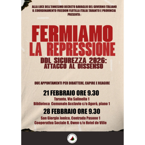 FERMIAMO LA REPRESSIONE. Ddl sicurezza 2026: attacco al dissenso.