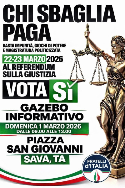 Referendum sulla Giustizia: Il Coordinamento Cittadino di Fratelli d'Italia promuove un gazebo informativo a Sava