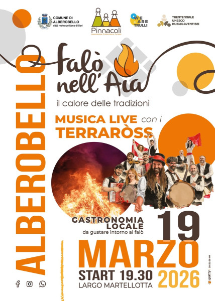 STASERA AD ALBEROBELLO SI ACCENDE IL FALÒ NELL’AIA CONFERMATO L’EVENTO CLOU CON LA MUSICA DEI TERRARÒSS
