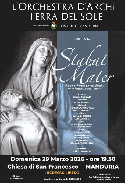 Lo "Stabat Mater" a Manduria, a cura dell’Orchestra d’archi Terra del Sole, domenica 29 marzo