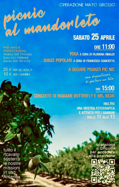 Picnic nel mandorleto: danze, yoga, mostra fotografica, concerto unplugged, per le missioni nel Sud America.