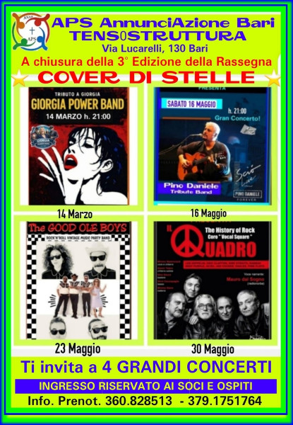 APS AnnunciAzone a chiusura della 3° Edizione della Rassegna: "COVER DI STELLE" comunica ai Soci e Ospiti gli ultimi 4 Eventi della stagione invernale anno 2025-2026