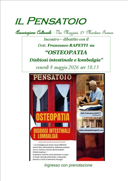 Incontro dibattito con il  Dott. Francesco RAPETTI  su OSTEOPATIA"- " Disbiosi intestinale e lombalgia