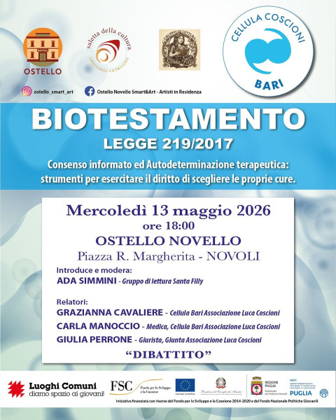 Incontro pubblico Biotestamento  Legge 219/2017, mercoledì 13 maggio all’Ostello Novello di Novoli.