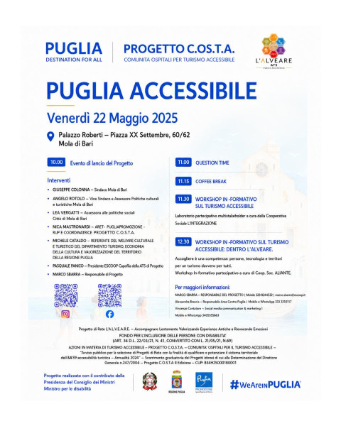 Turismo accessibile, al via in Puglia il progetto L’A.L.V.E.A.R.E.: 24 partner per costruire una rete regionale inclusiva