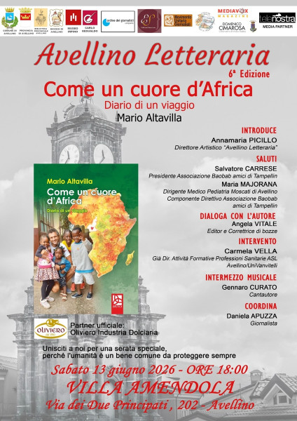 "Come un cuore d’Africa" ad Avellino letteraria.  "Unisciti a noi per una serata speciale, perché l’umanità è un bene comune da proteggere sempre"