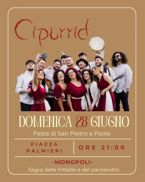 Pizzica e musica popolare con i "Cipurrid" e sagra delle frittelle e del panzerotto per la festa dei Santi Pietro e Paolo