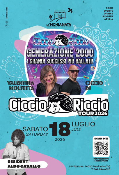 "Generazione 2000: i grandi successi più ballati" from Ciccio Riccio, dj resident  Aldo Cavallo, sabato 18 luglio a La’nchianata di Torricella.