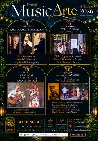 FESTIVAL MUSICARTE 2026  18ª EDIZIONE Barletta, Giardino GOS  5, 6, 19 e 20 agosto 2026